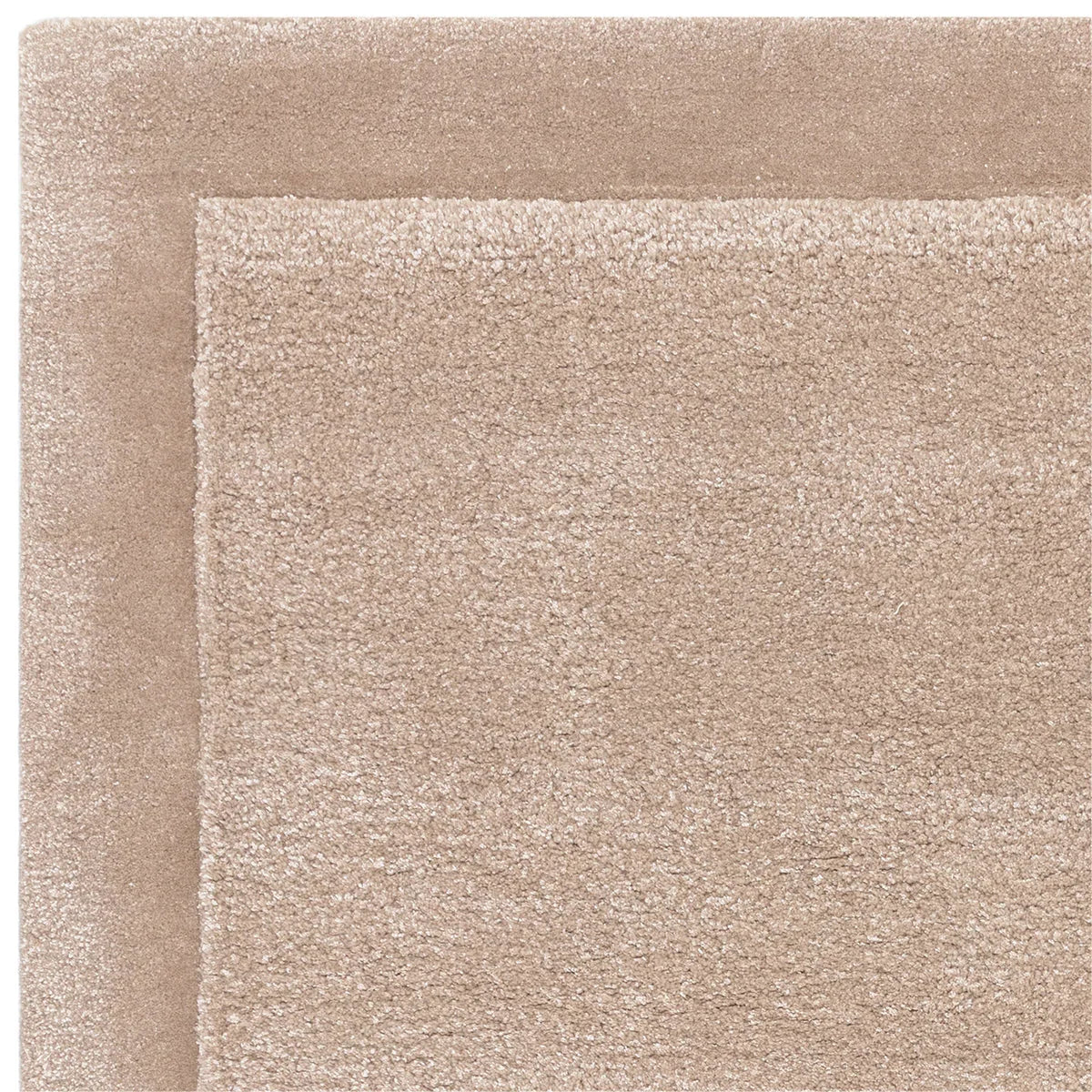 Asiatic Rise Sand Designer Rug featuring a bordered minimalist pattern in sand, taupe on beige background, hand-tufted wool