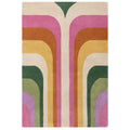 Multicolored geometric patterned rug on a white background
