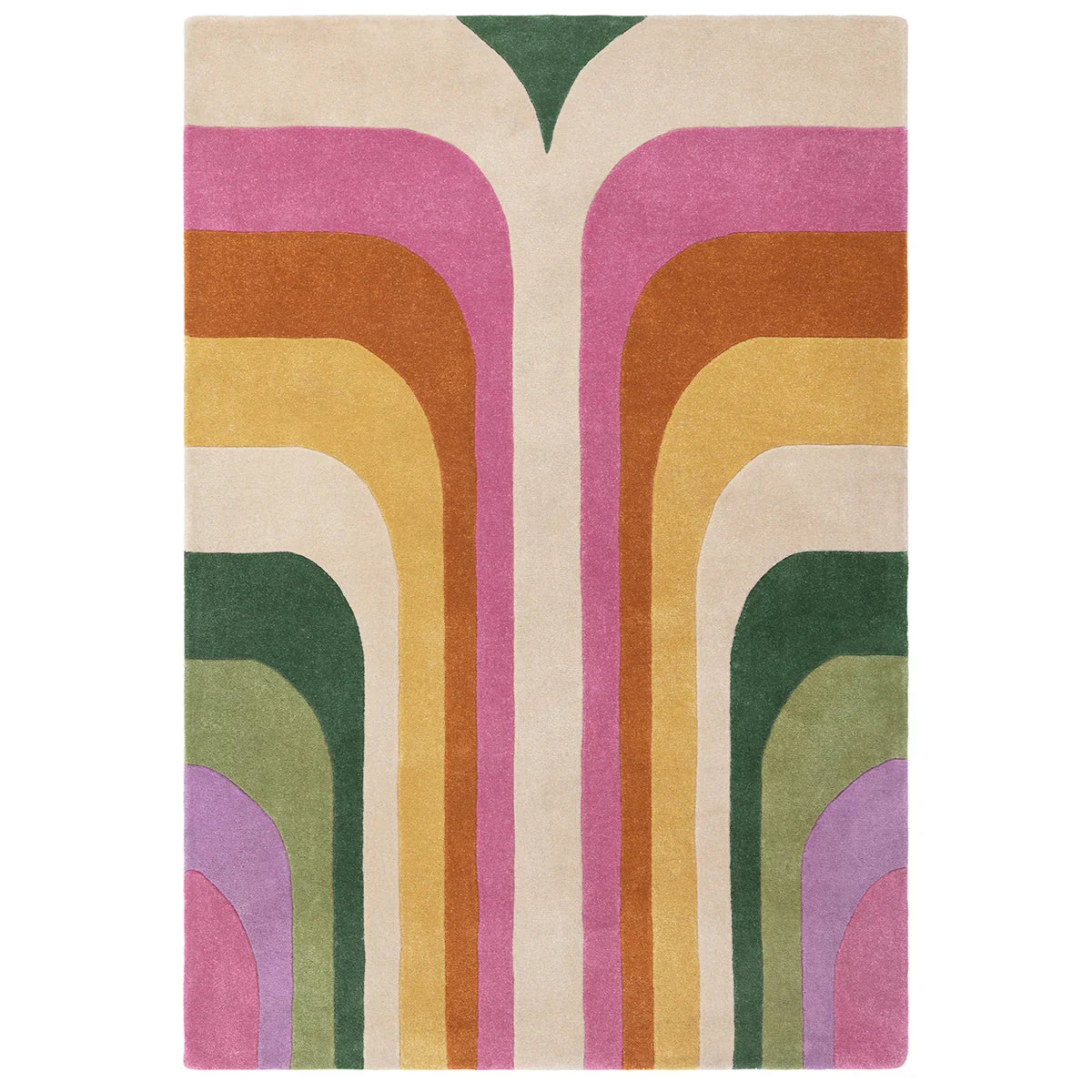 Multicolored geometric patterned rug on a white background