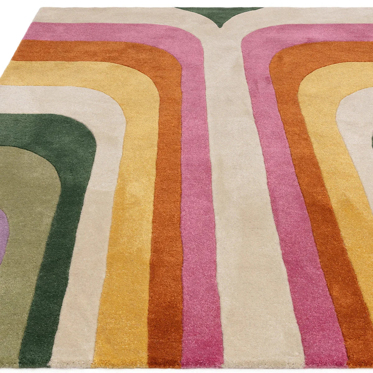 Asiatic Romy Retro Pink Rug featuring geometric arches in pink, cream, mustard, orange and sage green on cream background, hand-tufted wool