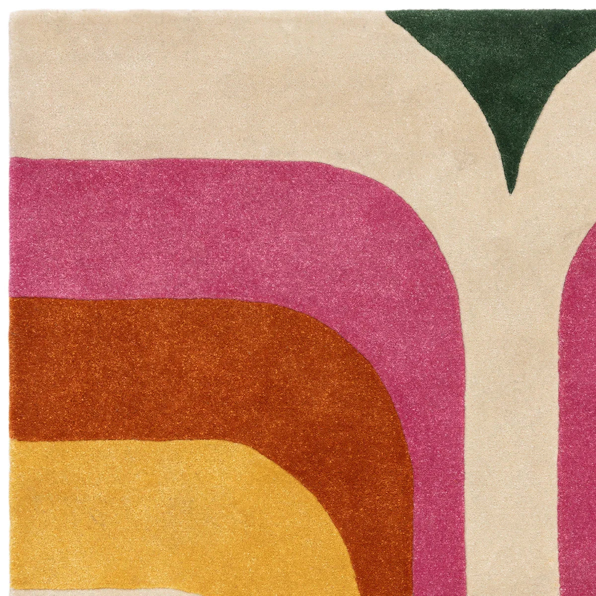 Asiatic Romy Retro Pink Designer Rug featuring abstract curved shapes in pink, beige, orange, yellow and dark green on cream background