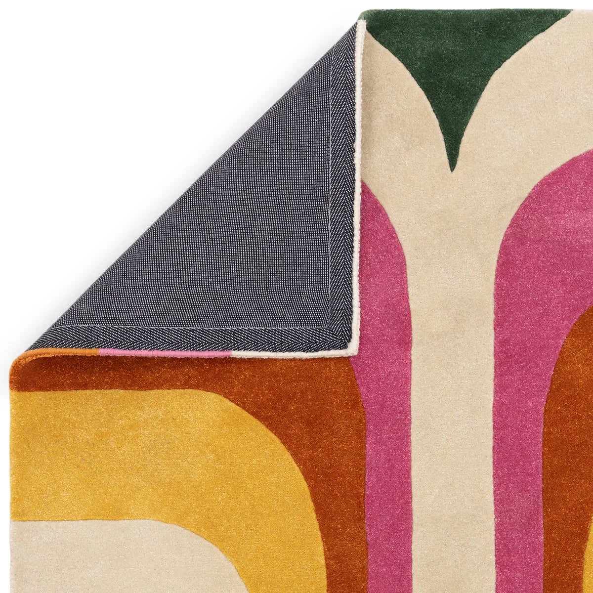 Asiatic Romy Retro Pink Rug featuring abstract geometric pattern in pink, beige, orange and green on cream background, hand-tufted wool
