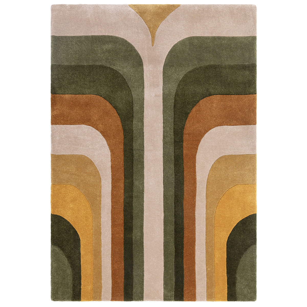 Rug with geometric pattern in earthy tones on a white background