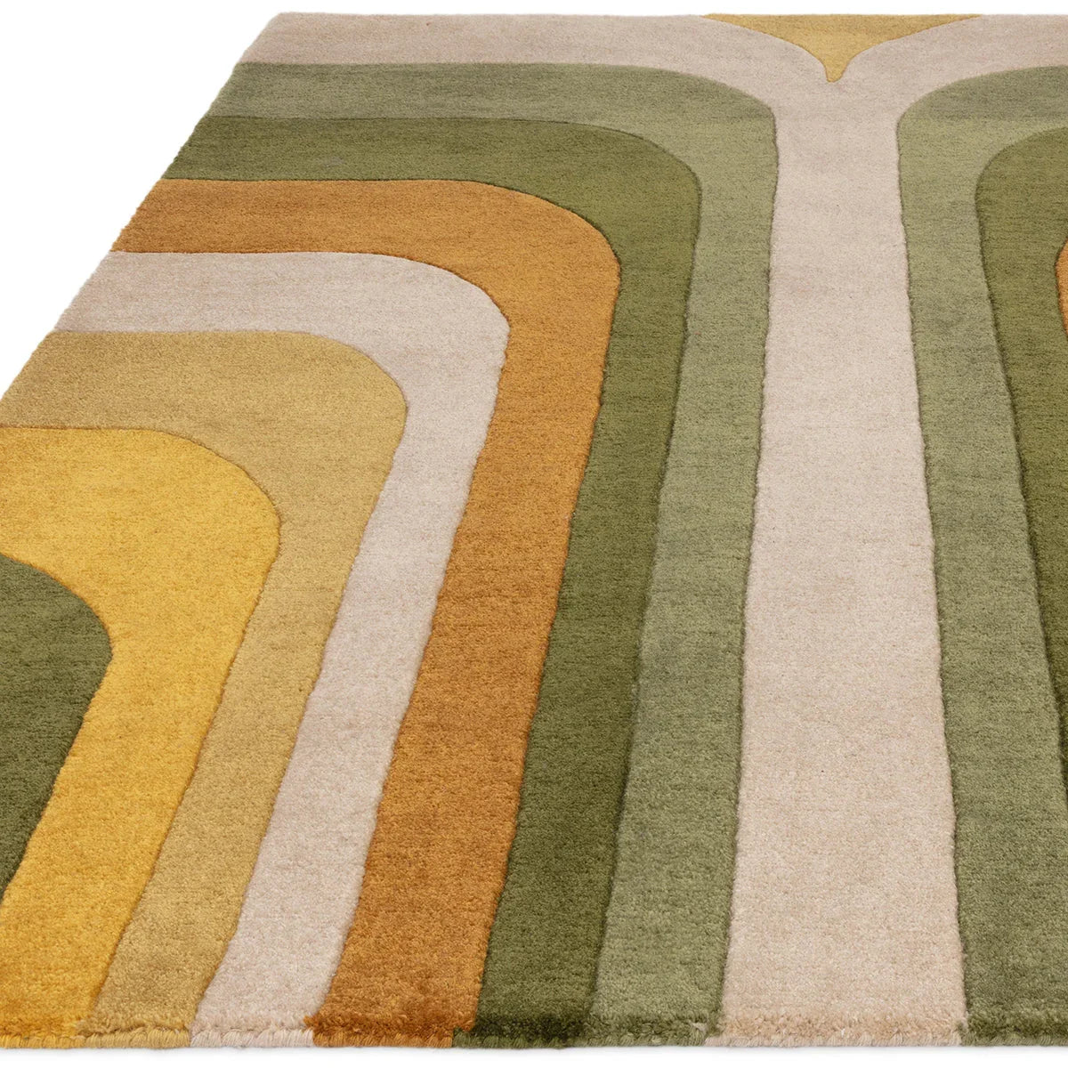 Asiatic Romy Retro Green Rug featuring retro geometric arches in olive green, sage, mustard and cream on beige background, machine-made wool