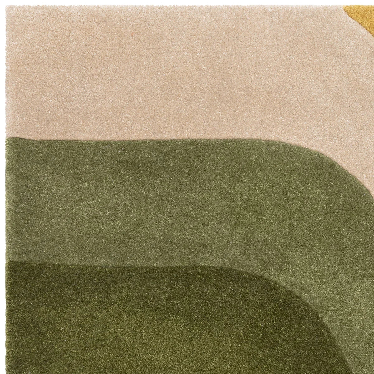Asiatic Romy Retro Green Rug featuring abstract curved shapes in dusty pink, beige, sage green and olive on light beige background, machine-made rug