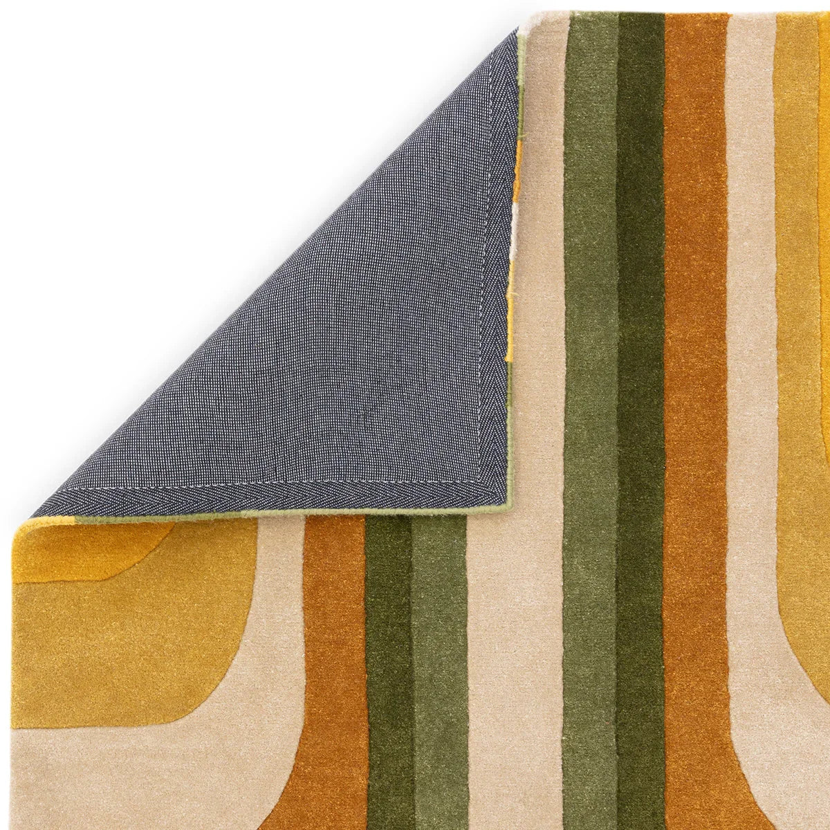Asiatic Romy Retro Green rug featuring vertical stripe pattern in olive, emerald, rust, beige and mustard on cream background, hand-tufted wool