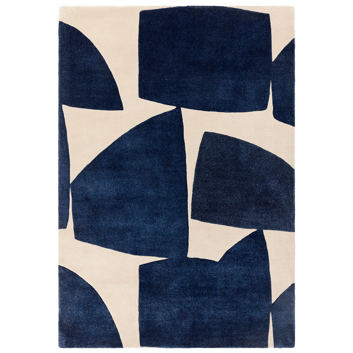 Rug with blue abstract geometric pattern on beige background