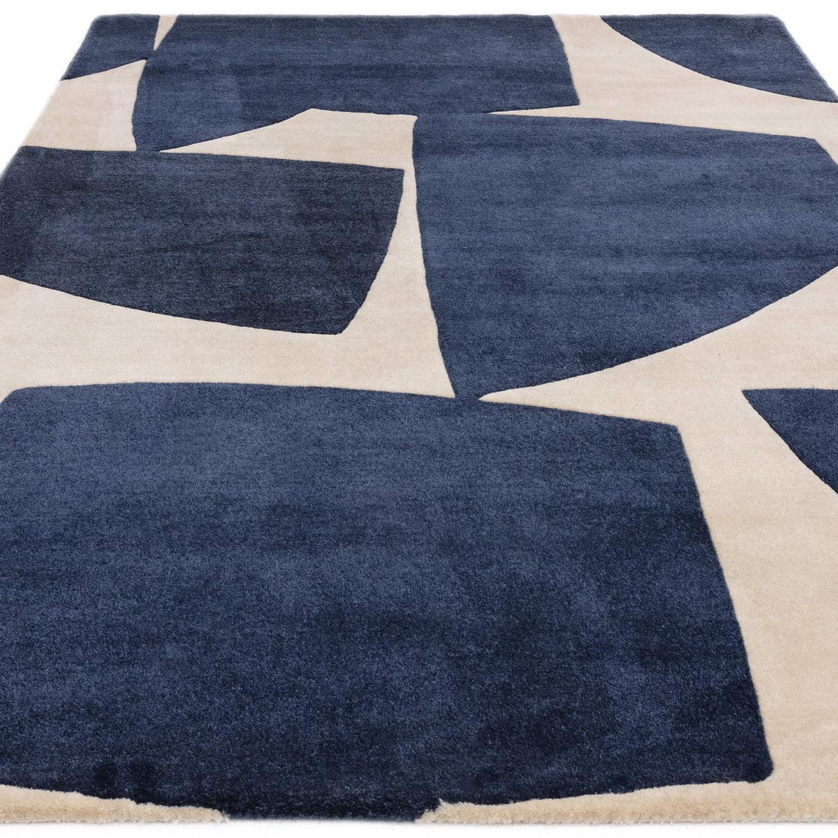 Asiatic Romy Kite Blue Designer Rug featuring abstract geometric kite pattern in navy blue on cream background, machine-made rug with synthetic fibers