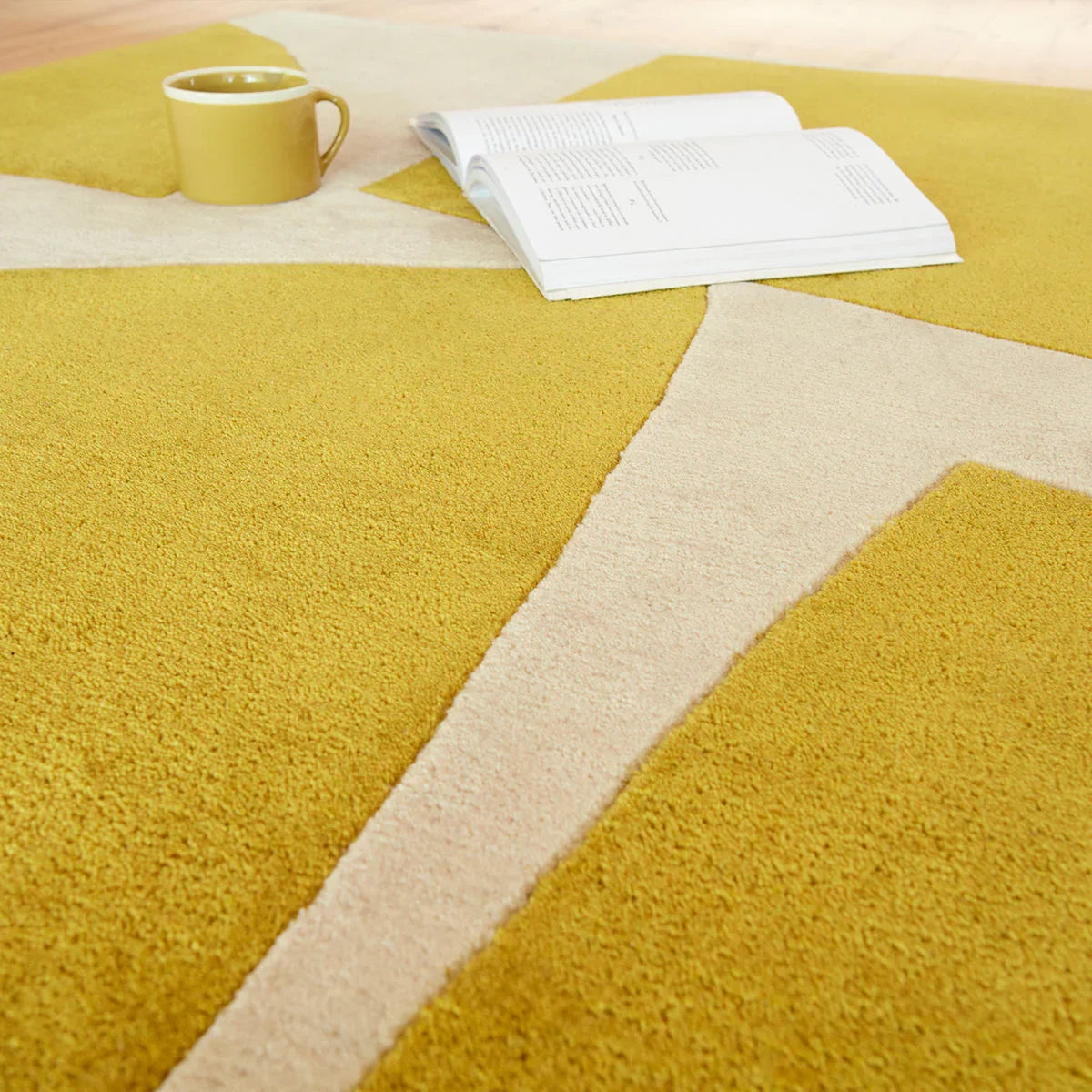 Asiatic Romy Kite Chartreuse Rug featuring geometric pattern in chartreuse and cream on beige background, hand-tufted wool