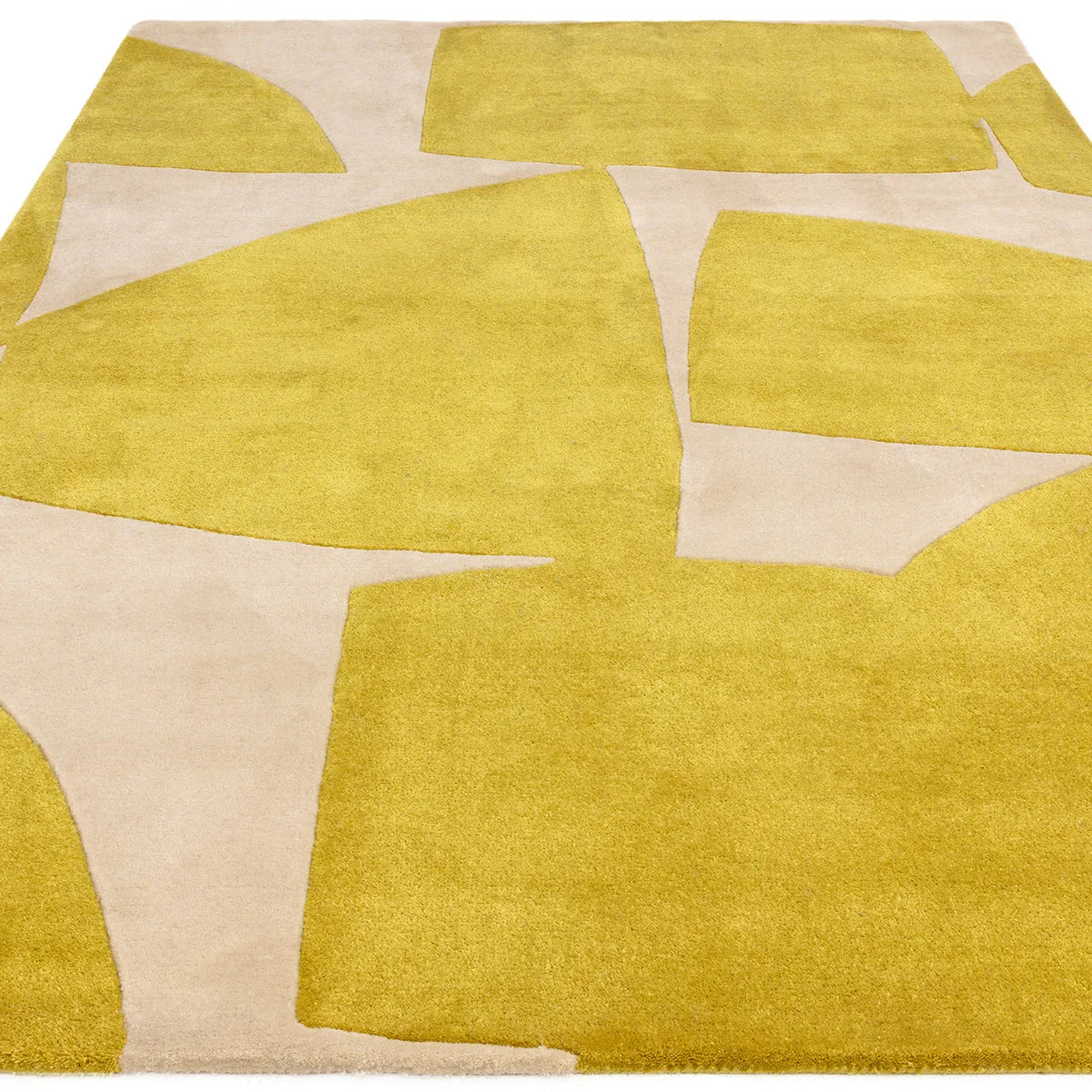 Asiatic Romy Kite Chartreuse Designer Rug featuring geometric block pattern in chartreuse and cream on beige background, hand-tufted wool