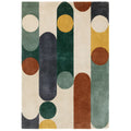 Multicolored geometric patterned rug on a white background