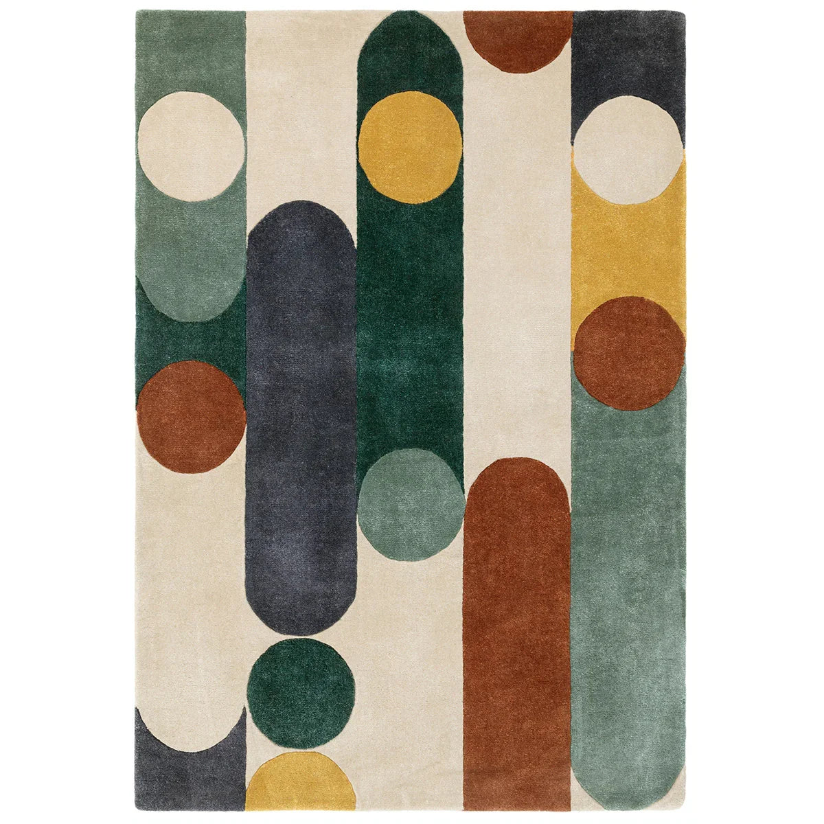 Multicolored geometric patterned rug on a white background