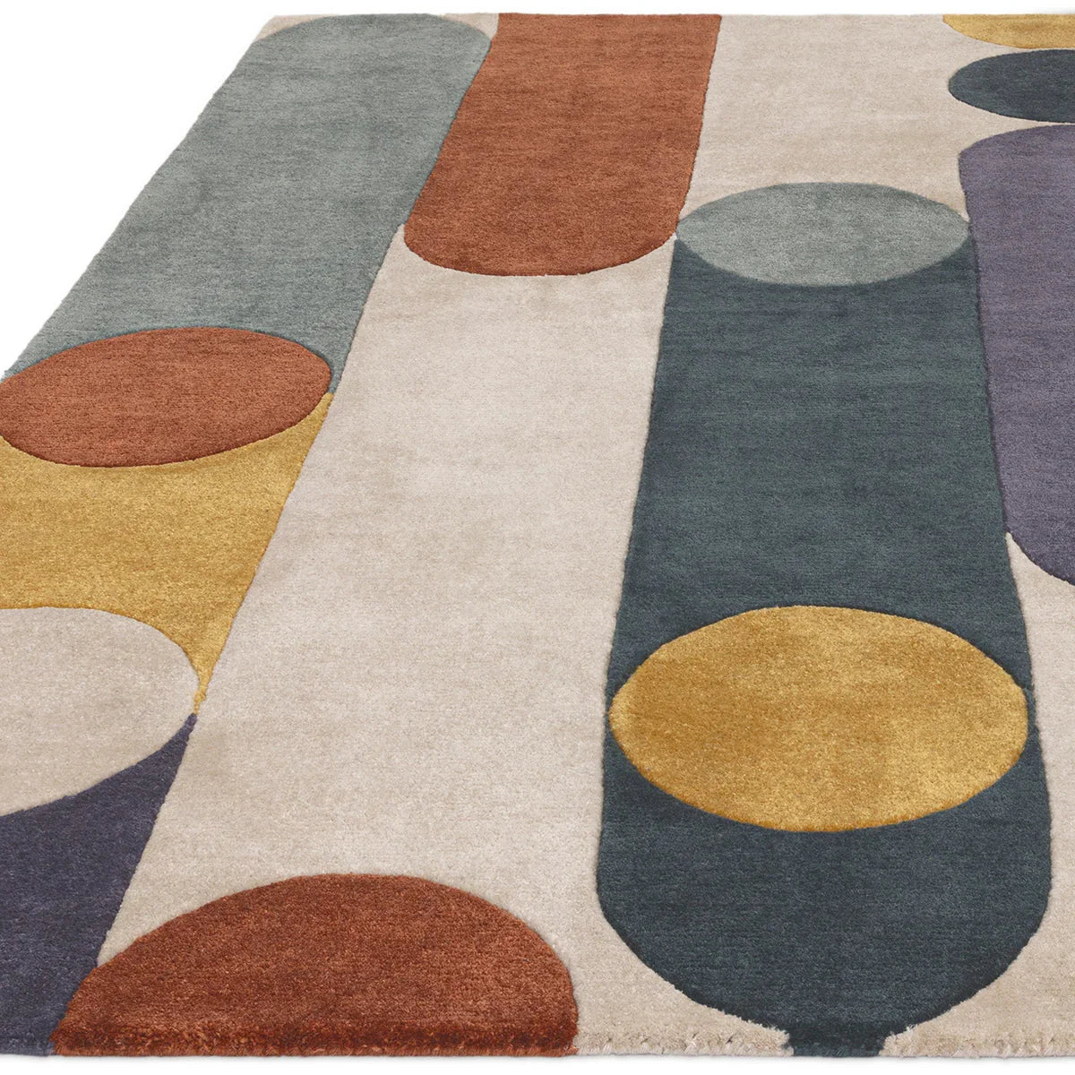 Asiatic Romy 07 Morse Multi Rug featuring abstract circle pattern in mustard, orange, navy, teal and lavender on cream, hand-tufted wool