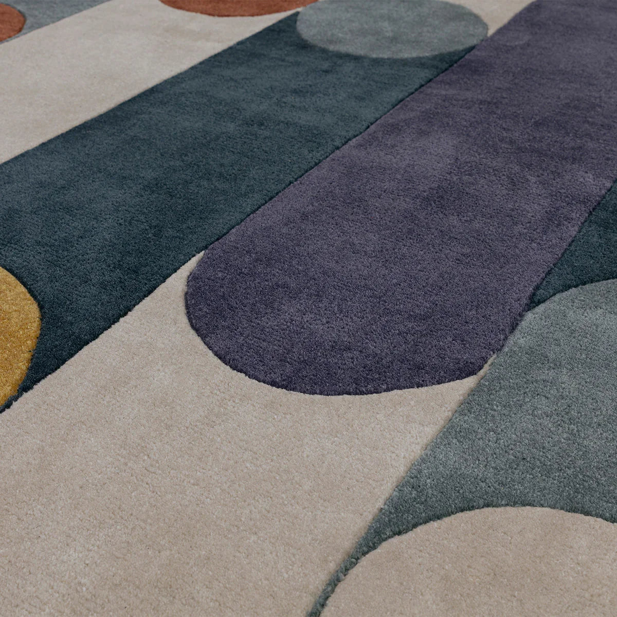 Asiatic Romy 07 Morse Multi Rug featuring abstract blocks in beige, teal, navy, plum and mustard on cream, machine-made polypropylene