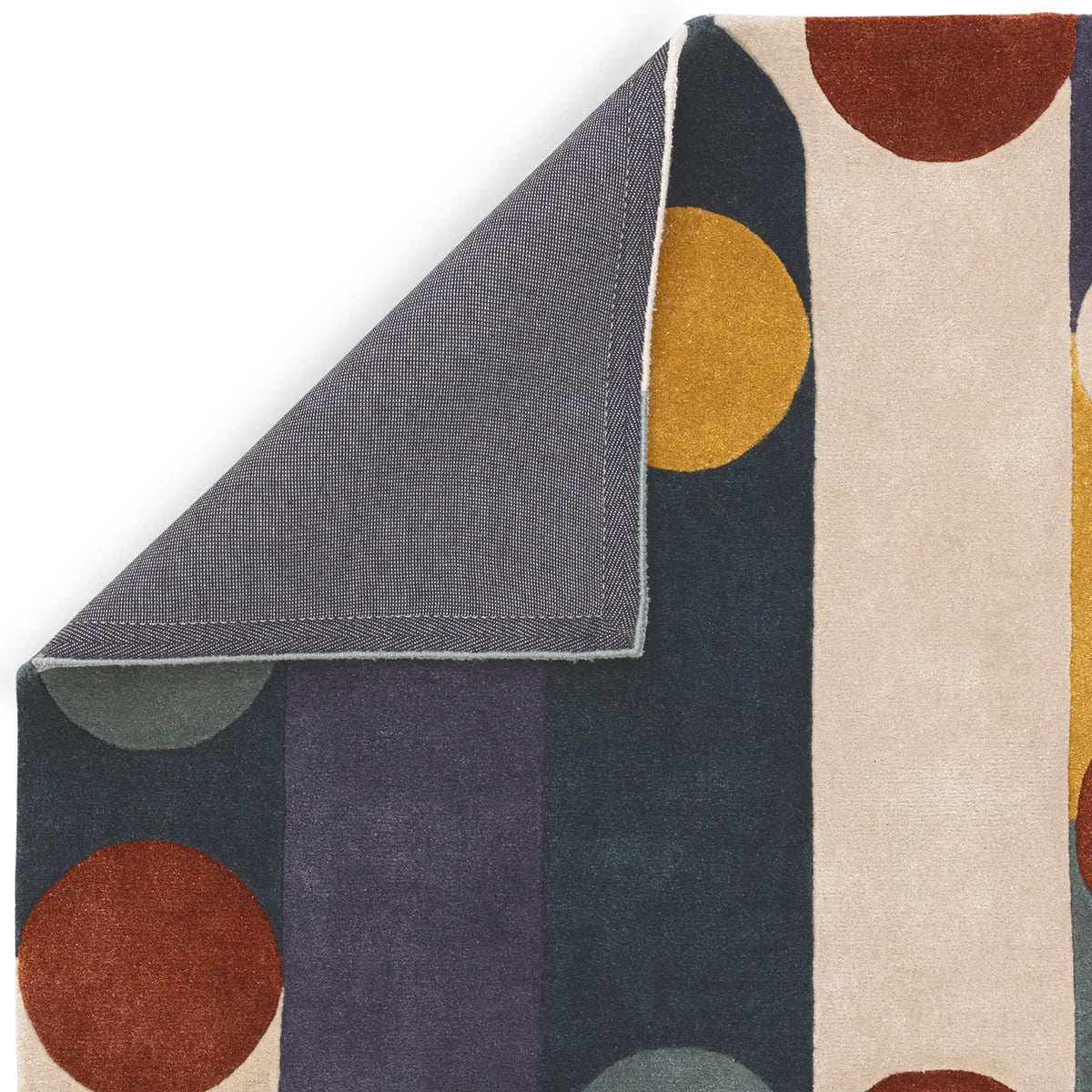 Asiatic Romy 07 Morse Multi Rug featuring geometric circles in navy, plum, mustard and rust on beige, hand-tufted wool
