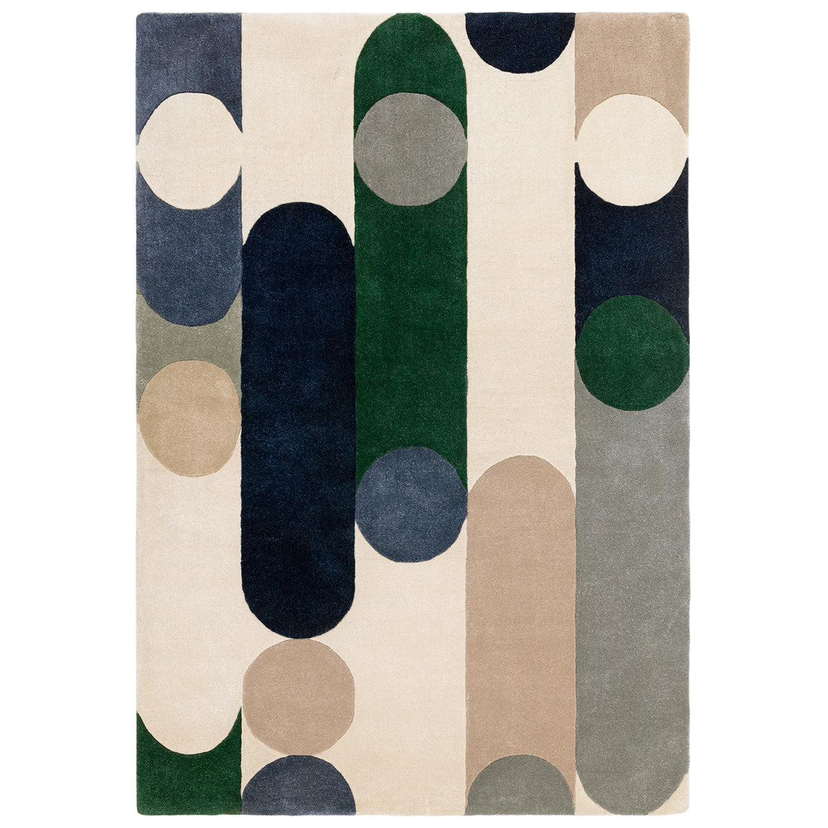 Rug with geometric pattern of circles and bars in various colors on a white background