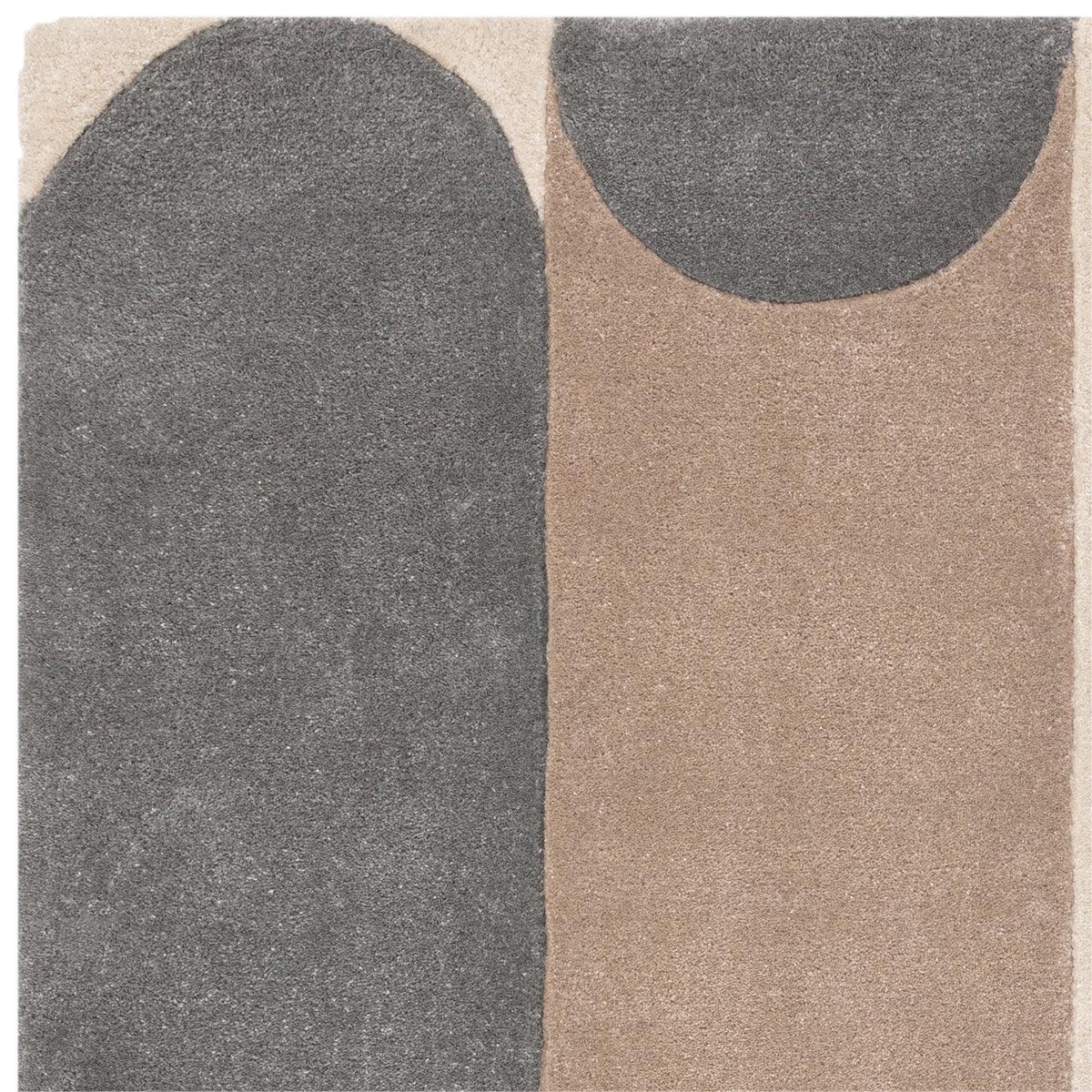 Asiatic Romy Morse Blue rug featuring abstract geometric blocks in navy blue and brown on beige, hand-tufted wool