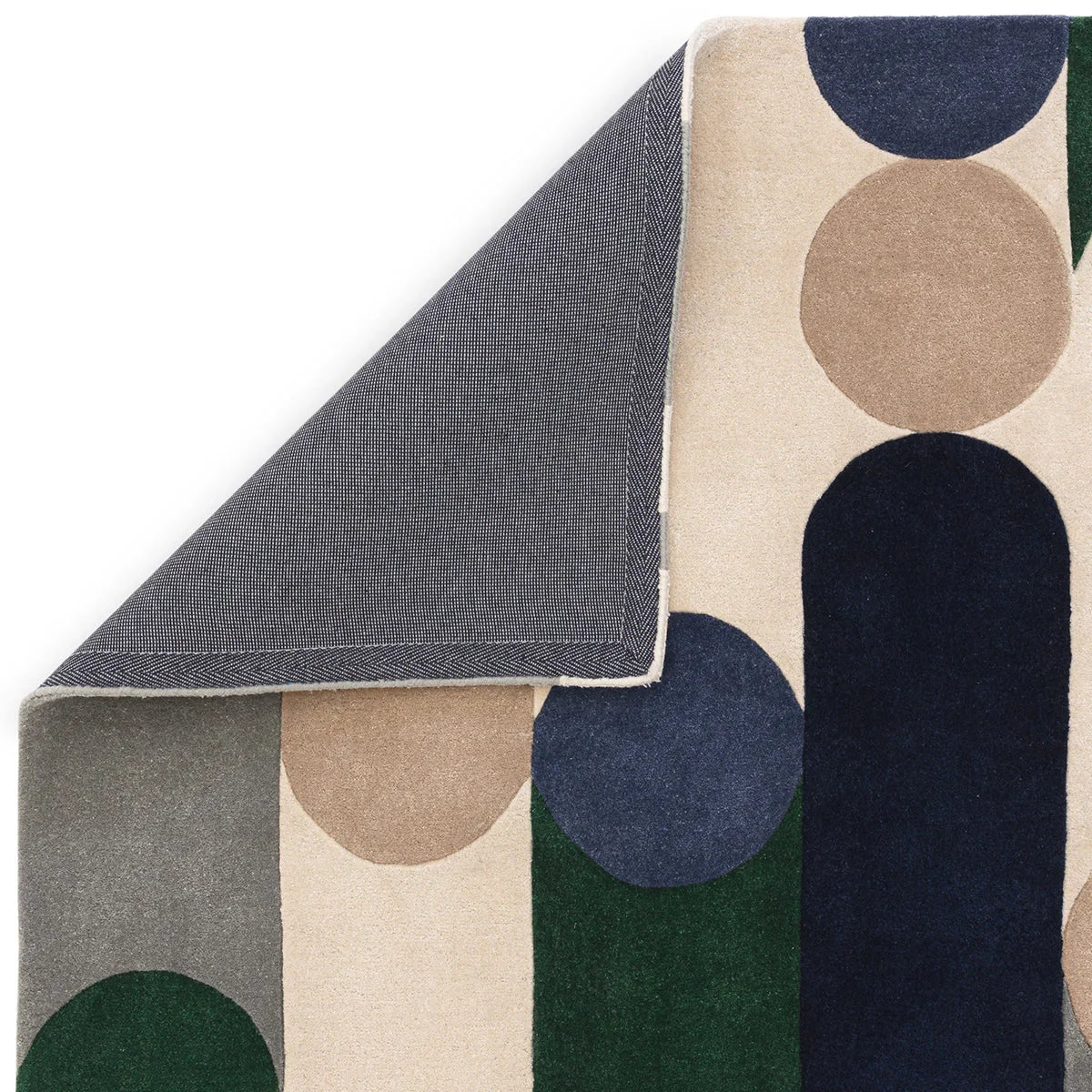Asiatic Romy Morse Blue Rug featuring geometric circle pattern in navy, blue-grey, beige and green on cream, hand-tufted wool