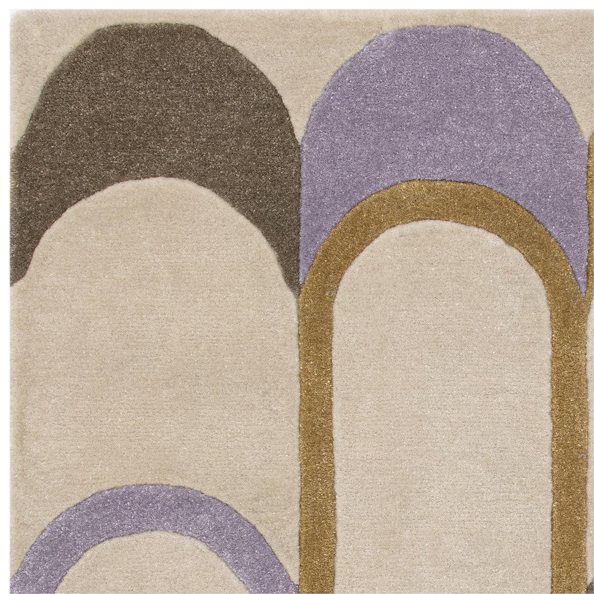 Asiatic Romy Module Pastel Rug featuring arched geometric pattern in dark brown, lavender, gold and cream on beige, hand-tufted wool