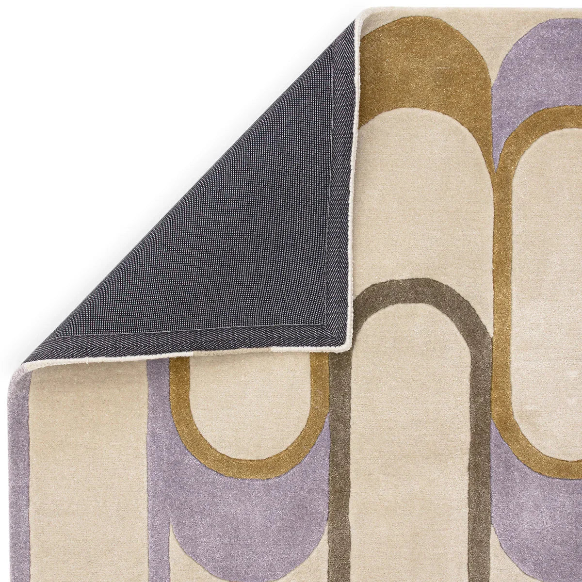Asiatic Romy Module Pastel rug featuring abstract blocks in beige, cream, lavender, lilac and gold on pale beige, hand-tufted wool