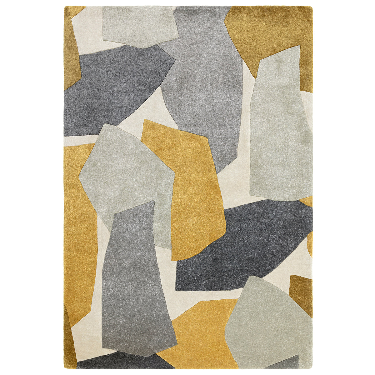 Geometric patterned rug with abstract shapes in gray, yellow, and beige on a white background