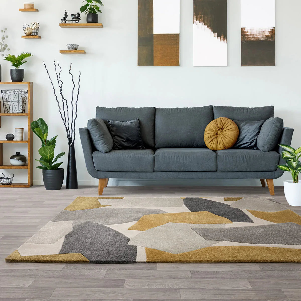 Living room with a gray sofa, decorative rug, and wall art.