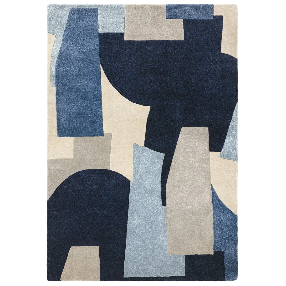 Geometric patterned rug with blue, beige, and gray colors on a white background