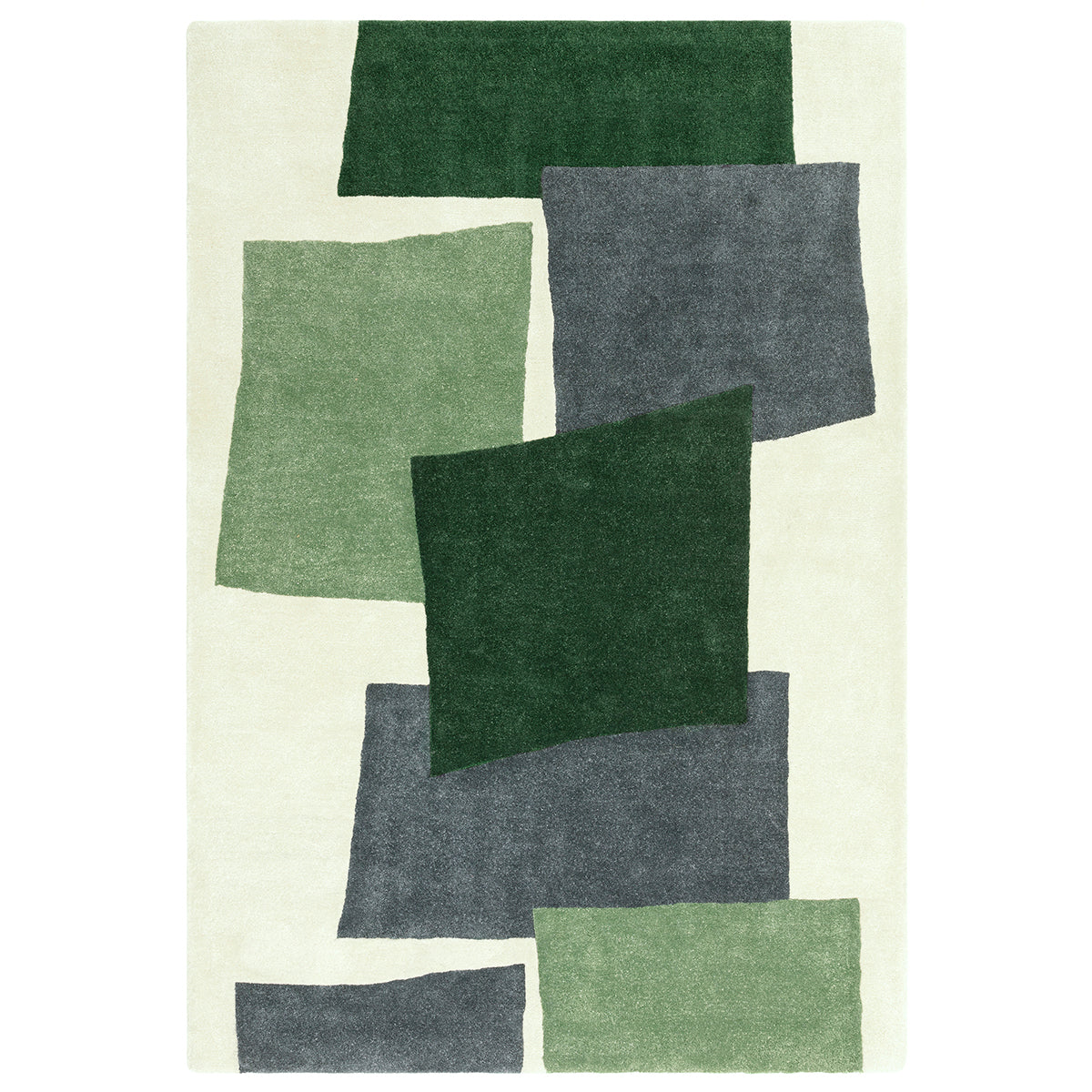Rug with geometric pattern of green and gray squares on a white background