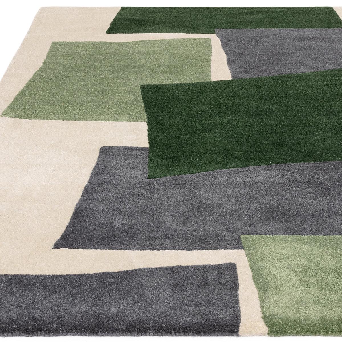 Asiatic Romy Papercut Green Designer Rug featuring geometric blocks in dark green, olive, sage and charcoal on beige, hand-tufted wool