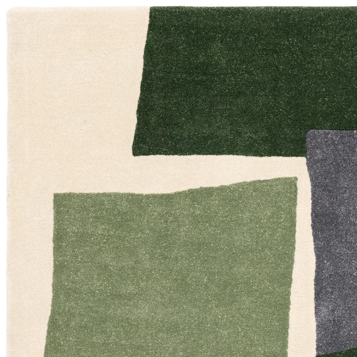 Asiatic Romy Papercut Green Designer Rug featuring geometric block pattern in olive, forest, sage greens on cream, hand-tufted wool