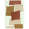 Rug with geometric pattern of brown, beige, and red squares on a light green background