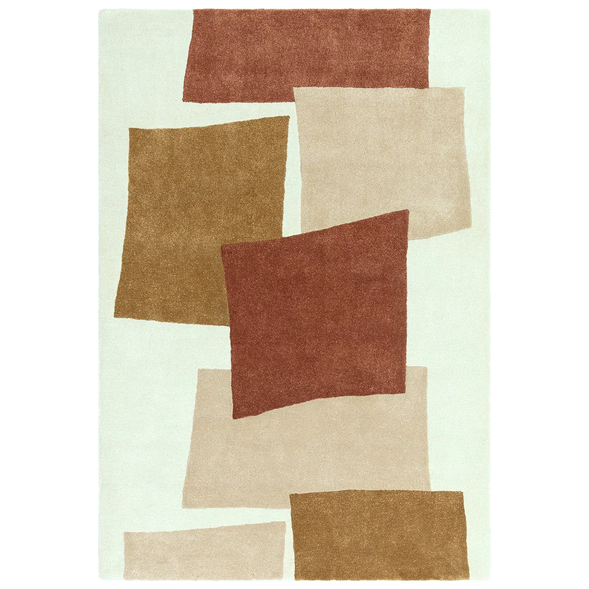 Rug with geometric pattern of brown, beige, and red squares on a light green background