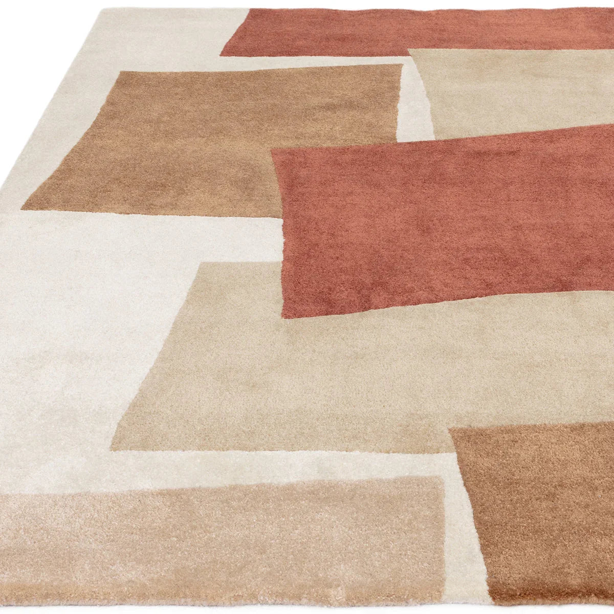 Asiatic Romy Papercut Red rug featuring abstract geometric blocks in red, beige, camel and cream on ivory background, hand-tufted wool