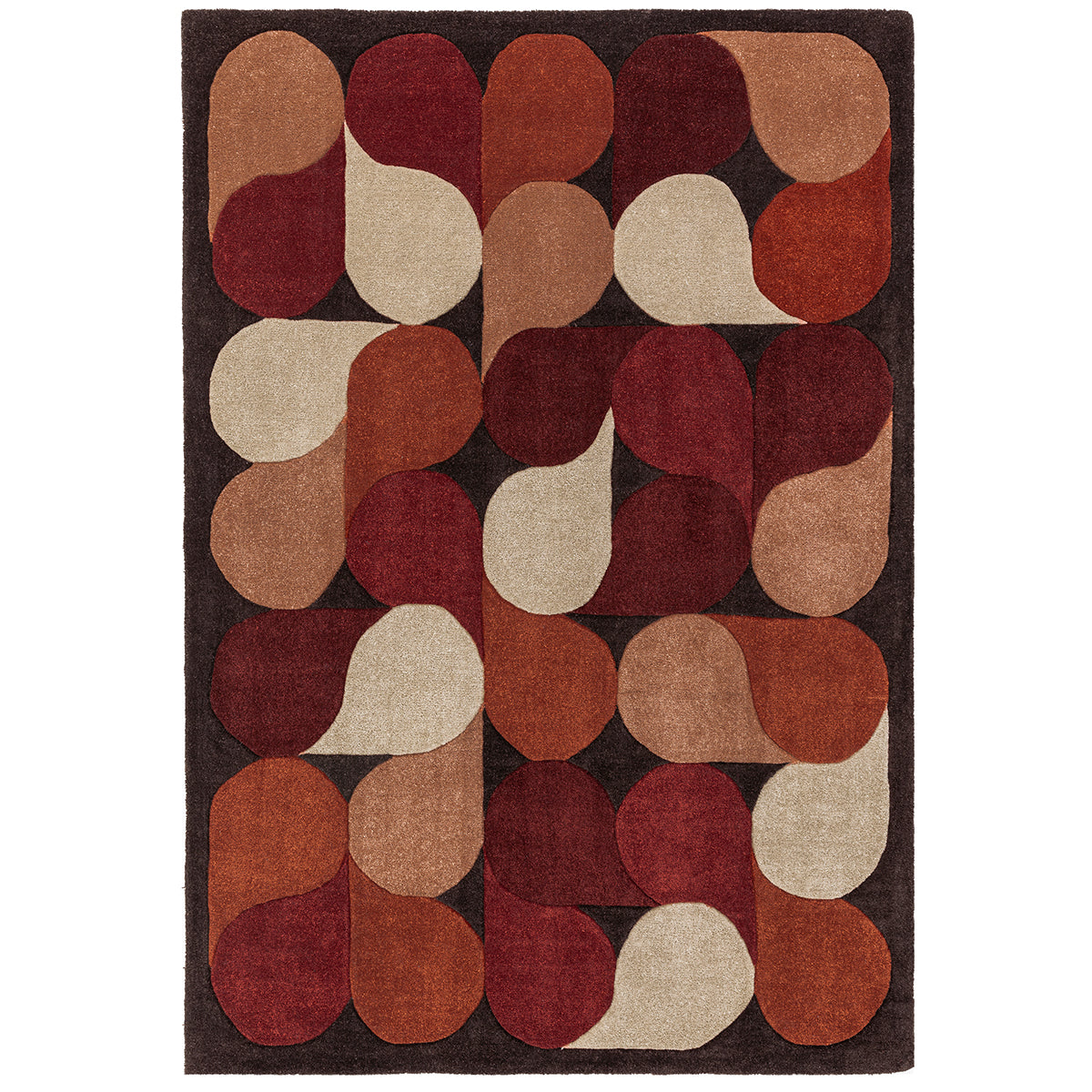 Geometric patterned rug with brown, red, and beige colors on a white background