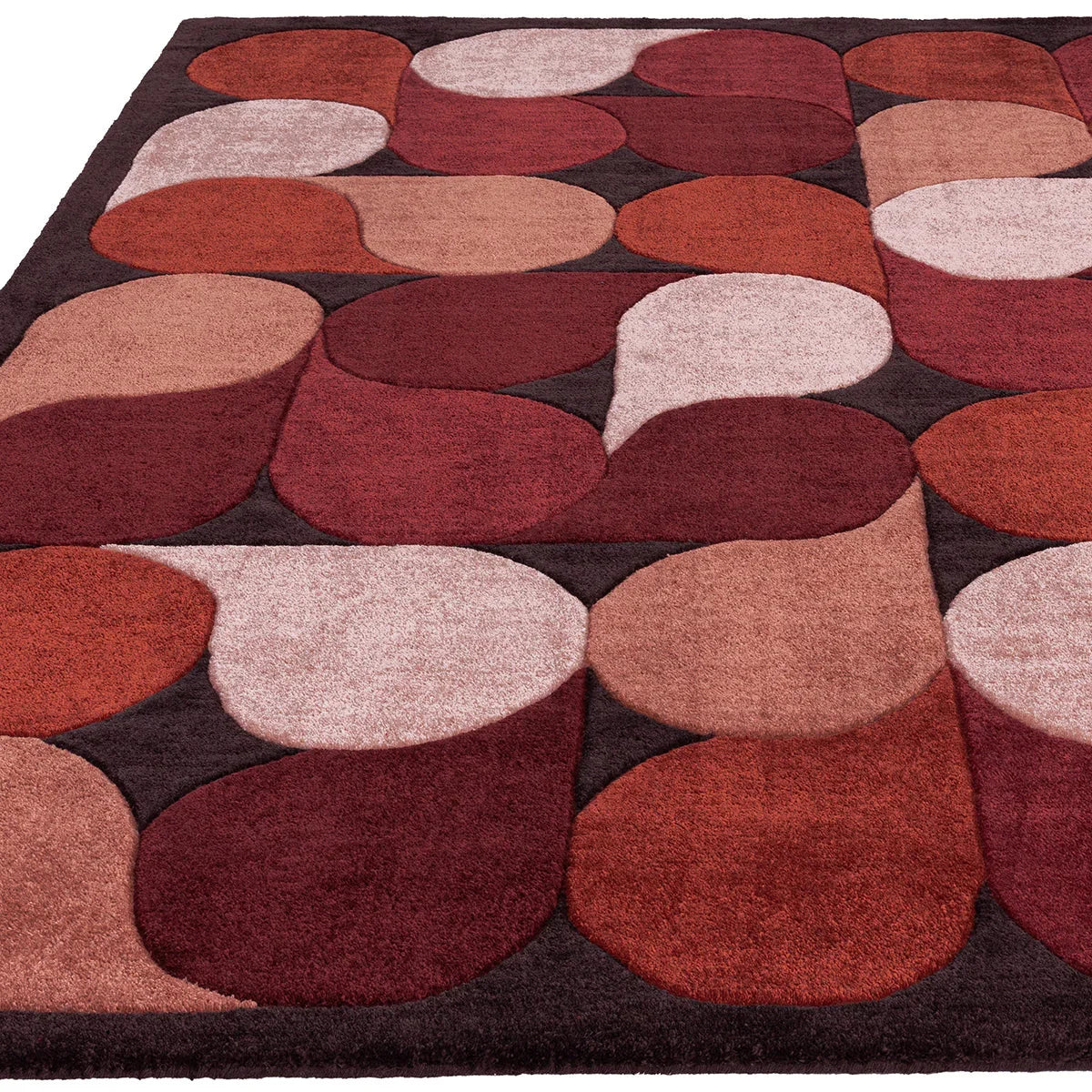Asiatic Romy Jive Red Designer Rug featuring circular disc pattern in red, burgundy and peach on dark brown background