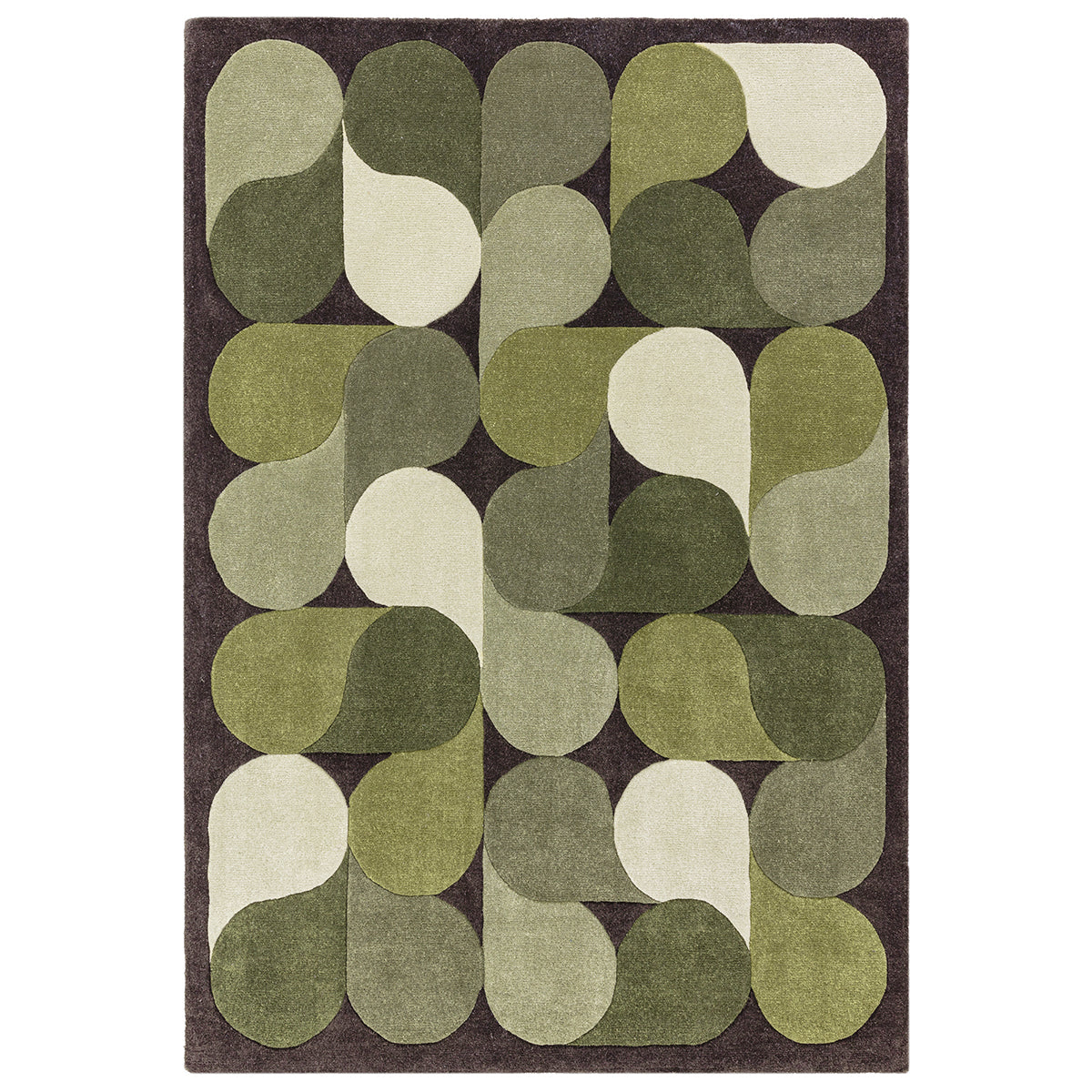 Rug with green and beige abstract pattern on a white background