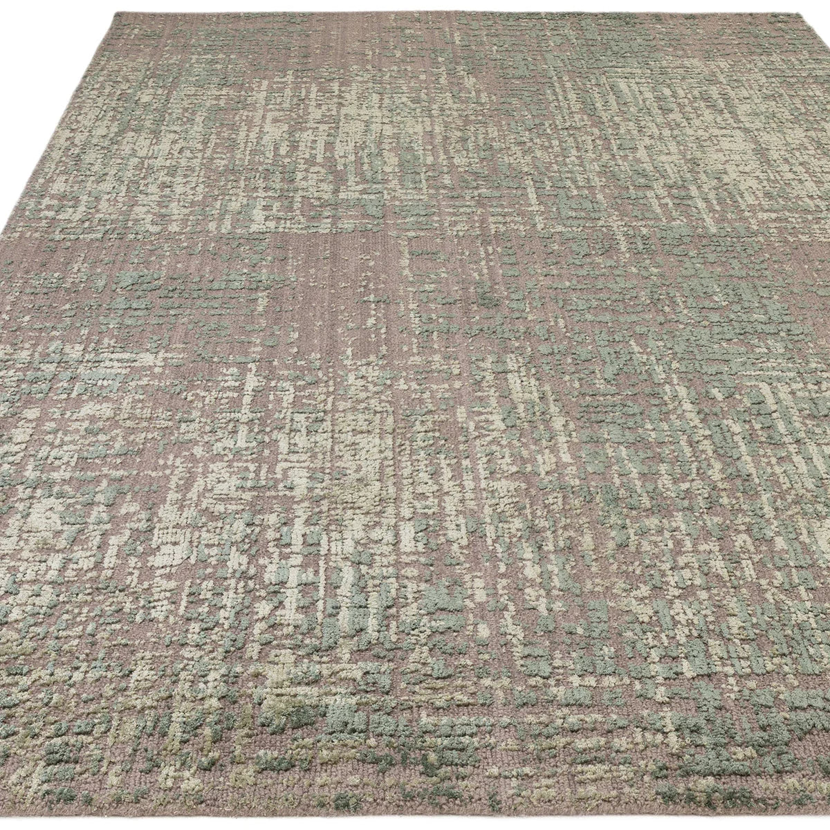 Asiatic Torino Forest Green Designer Rug featuring abstract pattern in forest green, sage and ivory on mauve background, power-loomed wool