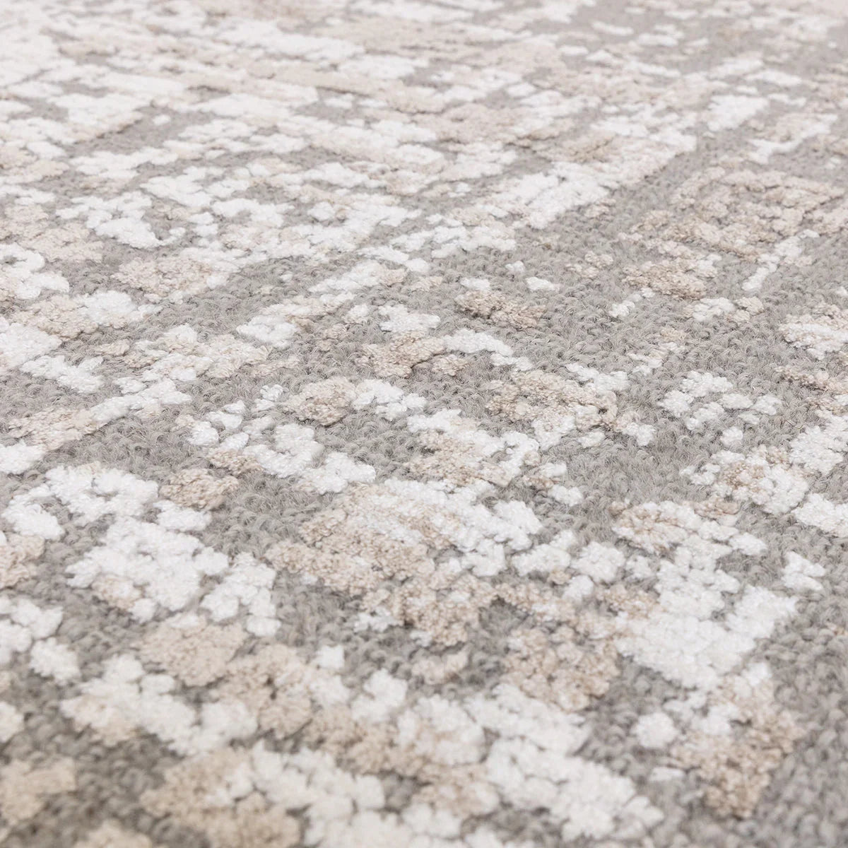 Asiatic Torino Natural Designer Rug featuring abstract cloud pattern in ivory, beige and taupe on grey background, hand-tufted wool