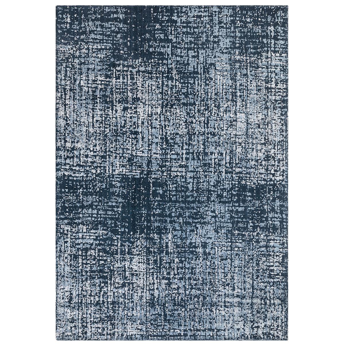 Textured blue and gray area rug with a geometric pattern