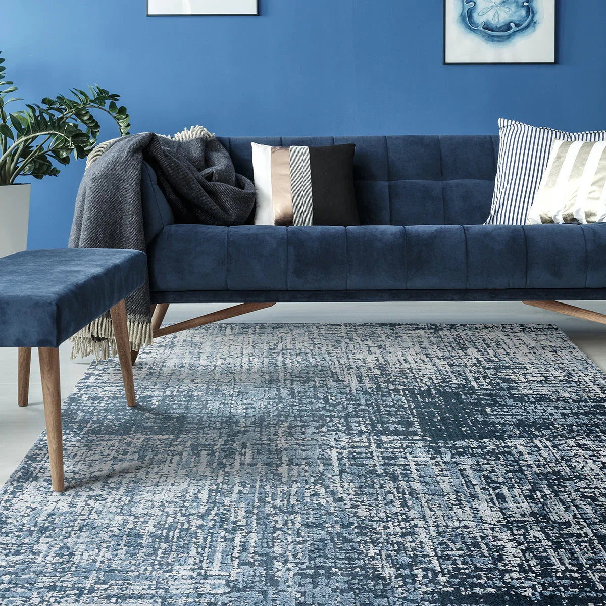 Asiatic Torino Petrol Blue Rug featuring abstract distressed pattern in petrol blue, cream and light blue on pale grey background, hand-tufted wool