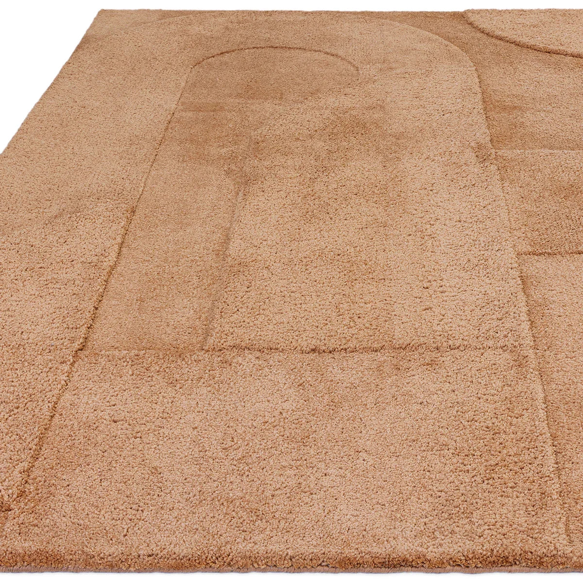 Asiatic Tova Clay Designer Rug featuring patchwork geometric pattern in clay, tan and beige on pale clay background, hand-tufted wool