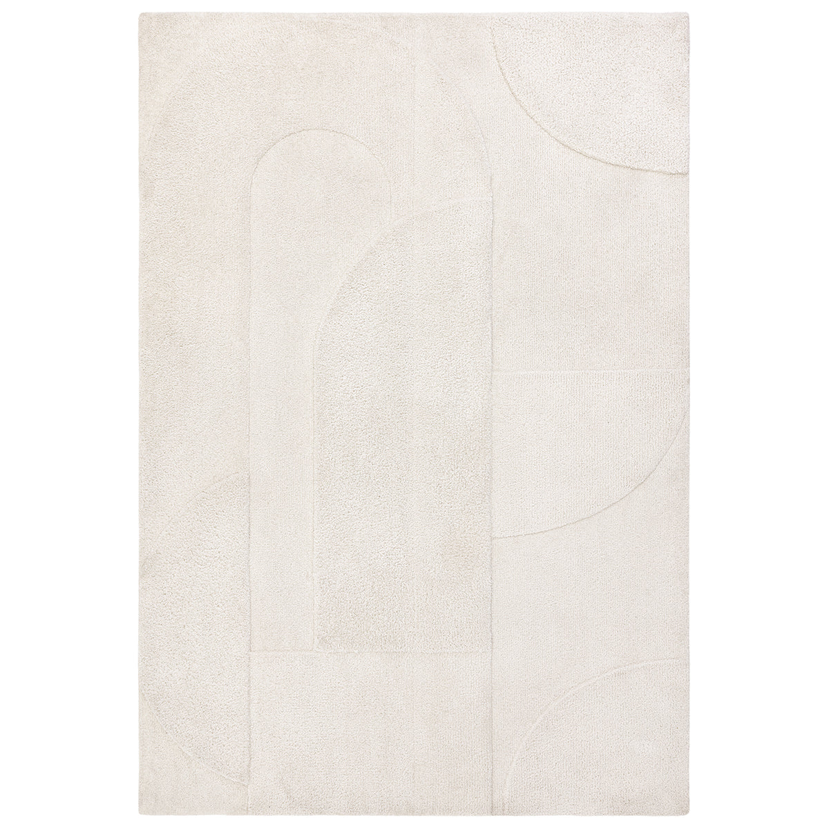White rug with abstract circular designs on a white background