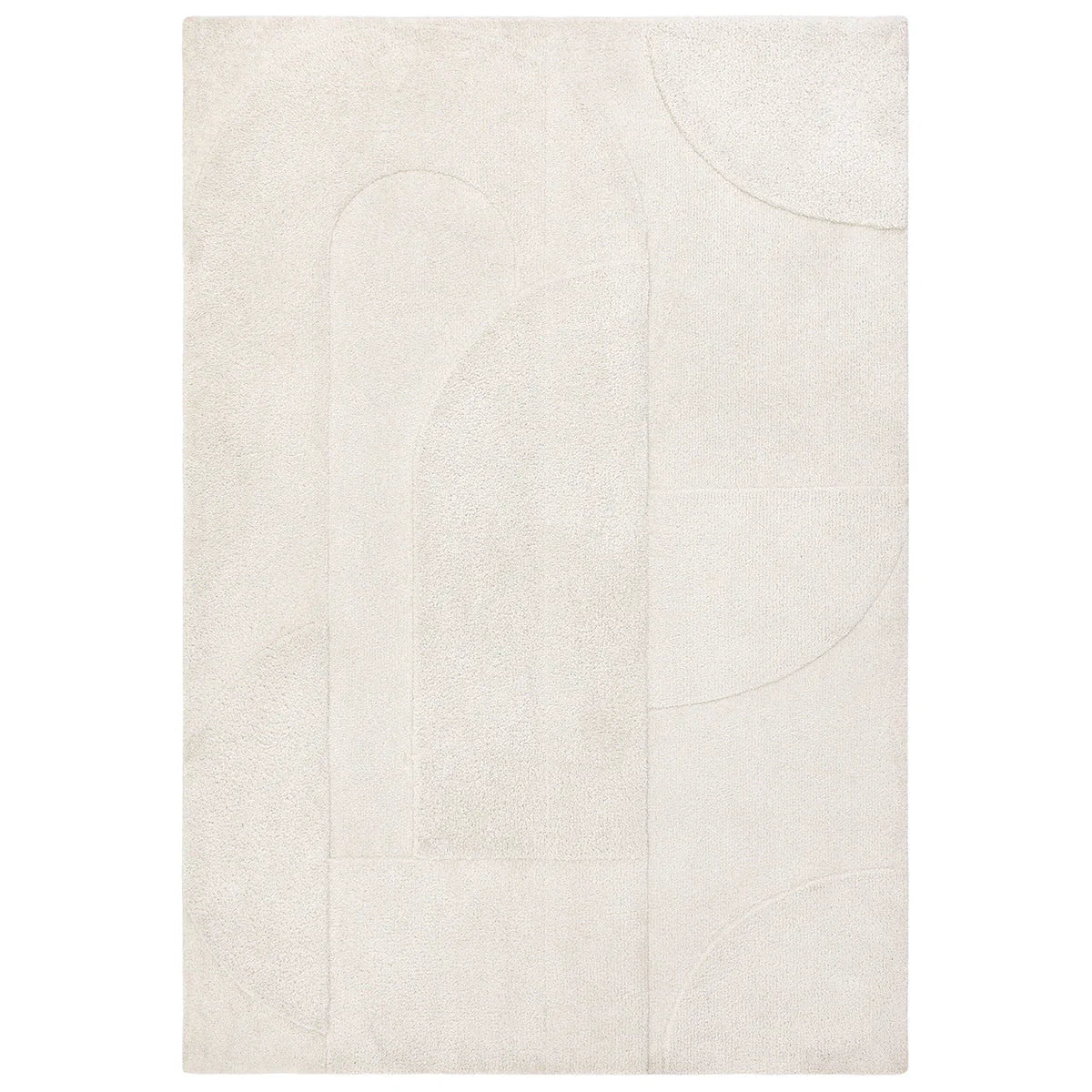White rug with abstract circular designs on a white background