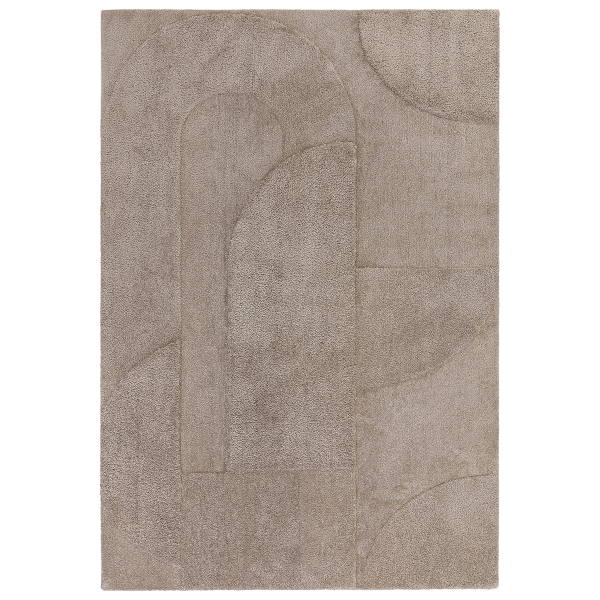 Beige area rug with abstract leaf patterns on a white background