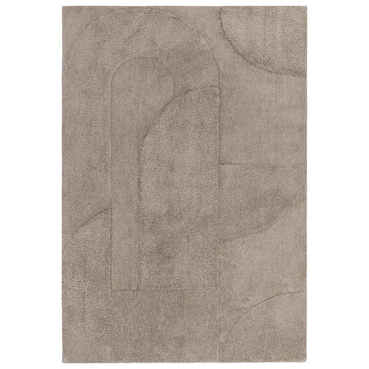 Beige area rug with abstract leaf patterns on a white background