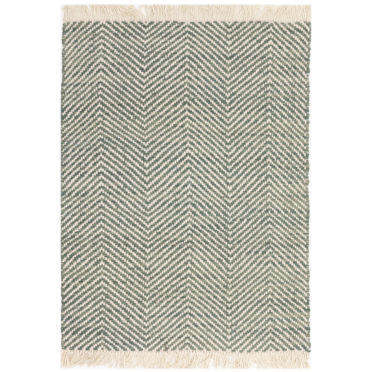 Rug with a green and beige chevron pattern on a white background