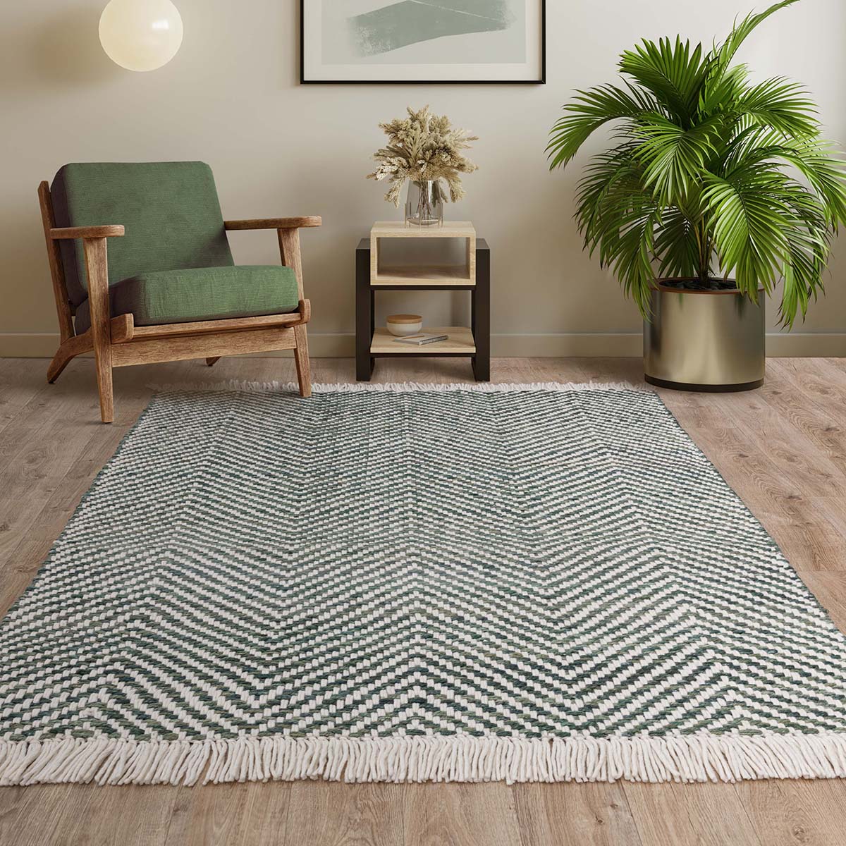 Living room with a green and white patterned rug, wooden chair, side table, and plant.