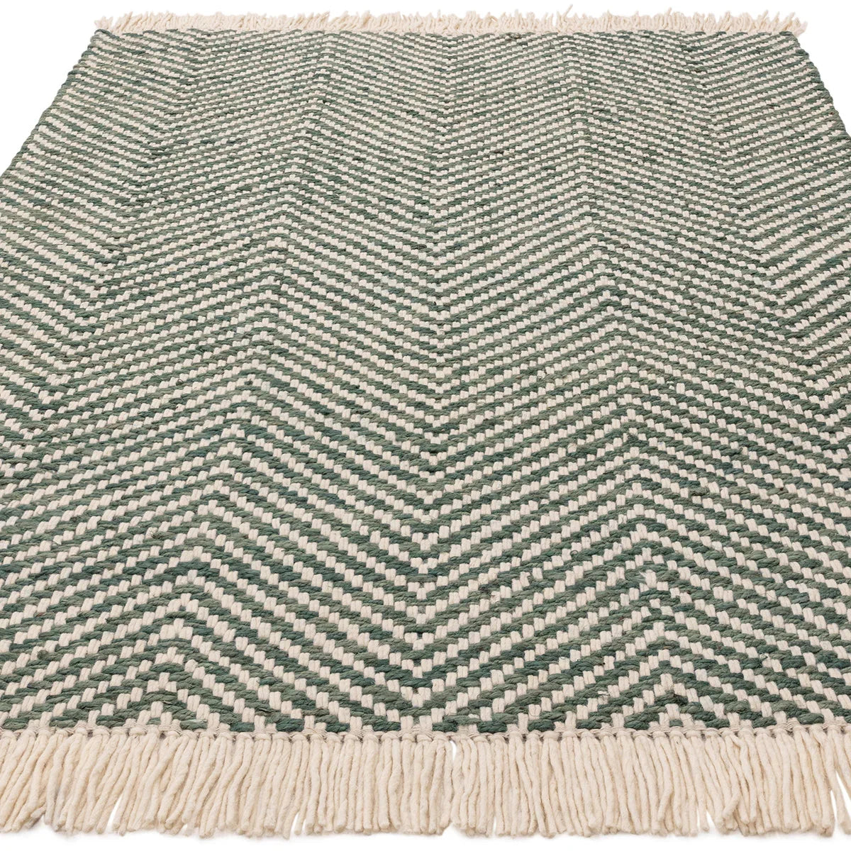 Asiatic Vigo Green Designer Rug featuring chevron zigzag in green and ivory on cream background, flatweave wool