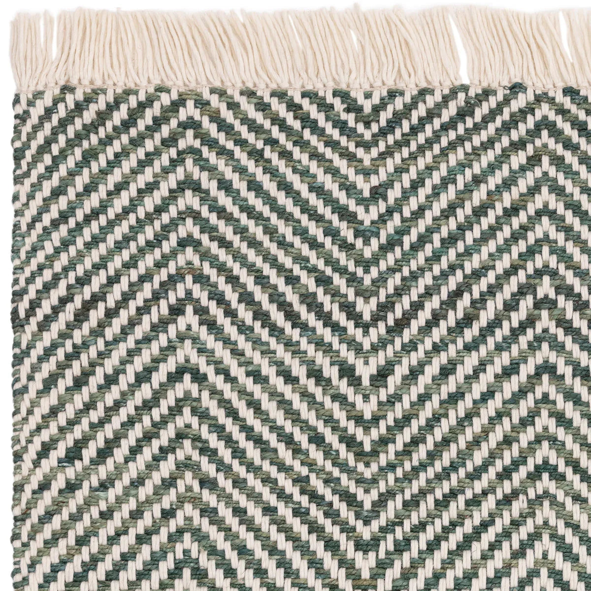 Asiatic Vigo Green Designer Rug featuring chevron zigzag in emerald green and ivory on cream background, handwoven wool