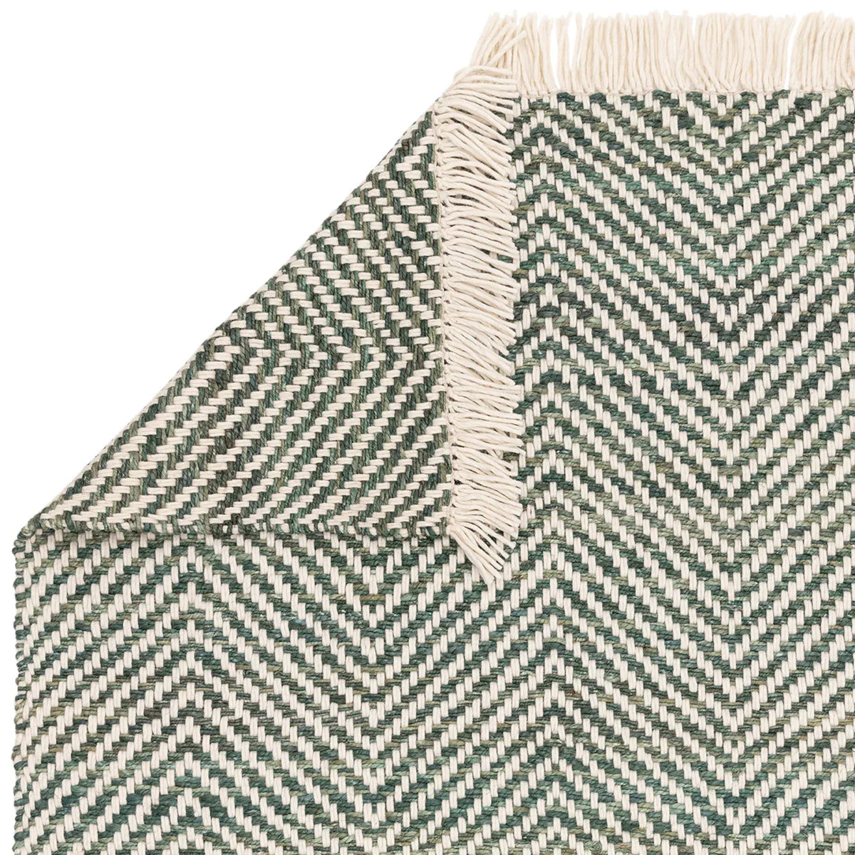 Asiatic Vigo Green Designer Rug featuring chevron zigzag pattern in emerald green and cream on ivory background, hand-woven wool